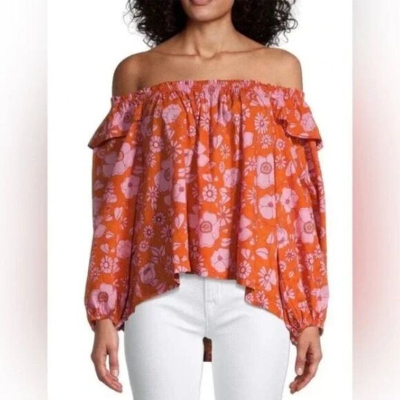 FREE PEOPLE Miss Daisy Floral Ruffle Top Off Shoulder Puff Sleeve Heat Wave Sz M - Picture 10 of 16